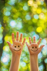 A Smiley on hands against green spring background.