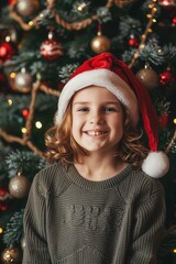 child in Santa hat against Christmas tree with decorations