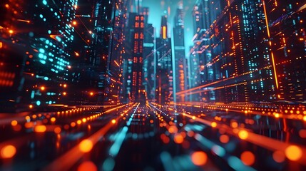 Intricate Technological Abstraction with Futuristic Molecular Structures and Neon-Lit Cityscape