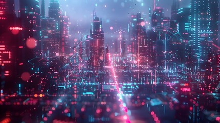 Fototapeta premium Technological Abstract Background with Intricate Data Network and Neon-lit Cityscape
