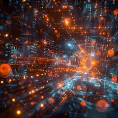 Obraz premium Polygonal Molecular Technology:Pulsing Energy Field and Interconnected Digital Visualization