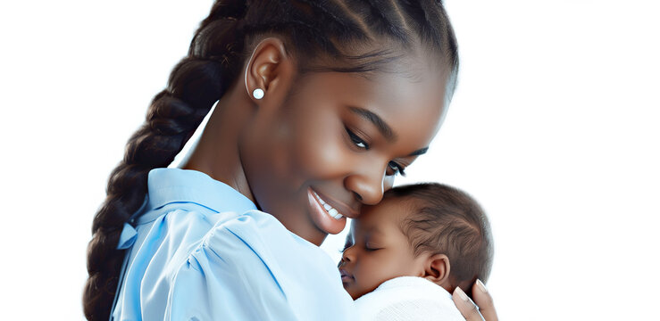 African American young mother with a newborn baby in her arms. A happy mother cuddles her little baby against a plain white background. Child care concept. Banner with copy space