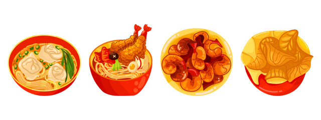 Chinese food set menu isolated on white background illustration vector. (Spring Rolls, Dim Sum, Wonton, Chow Mein, Sweet and Sour Chicken, Peking Duck).