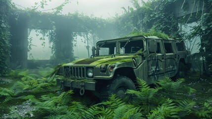 Obraz premium Abandoned military base debris with green plants growing. Post apocalypse scene.
