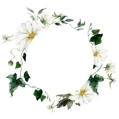 Watercolor floral circle frame featuring flowers, herbs and buds. Hand-drawn composition of a plant bouquet on a white background. An outdoor illustration for design, printing or fabric background.