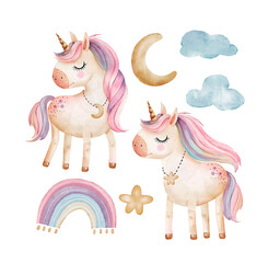 Cute watercolor unicorn set with clouds, rainbow and stars. Hand drawn illustration isolated on white background