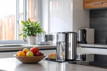 Modern Countertop Water Filter System and Fruit Bowl in Minimalist Kitchen Design for Clean Water