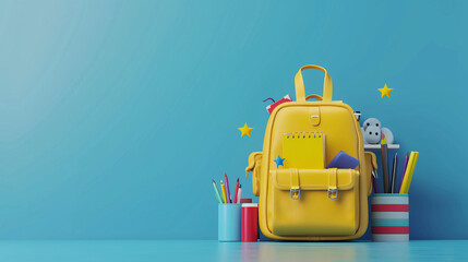 Fototapeta premium Schulanfang - Rucksack mit Bücher und Wecker als Symbolbild für den Schulstart. Start ins neue Schuljahr