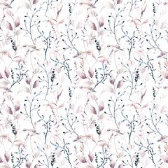 Watercolor painted floral seamless pattern. Blush pink branches, dark blue and gray wild moss twigs, leaves, spikelets. Hand drawn illustration template. Watercolour artistic template design.