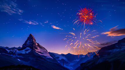 Matterhorn bei Nacht - Schweizer Nationalfeiertag 1. August. Feuerwerk in den Schweizer Alpen