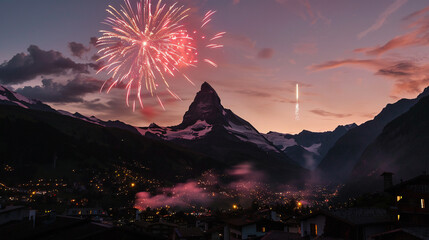 Matterhorn bei Nacht - Schweizer Nationalfeiertag 1. August. Feuerwerk in den Schweizer Alpen