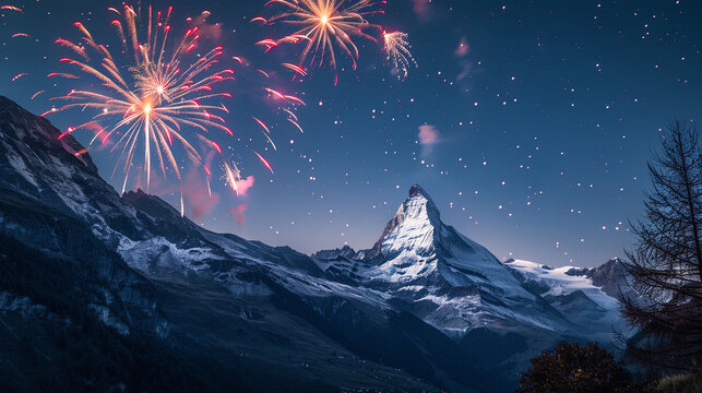 Matterhorn bei Nacht - Schweizer Nationalfeiertag 1. August. Feuerwerk in den Schweizer Alpen