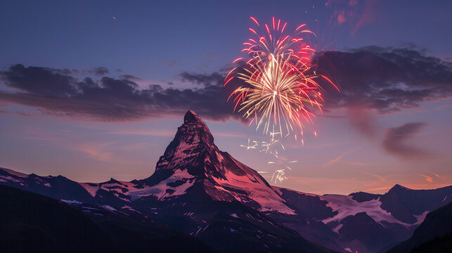Matterhorn bei Nacht - Schweizer Nationalfeiertag 1. August. Feuerwerk in den Schweizer Alpen
