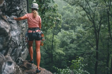 Woman Rock Climbing Up A Steep Cliff Face On A Sunny Day