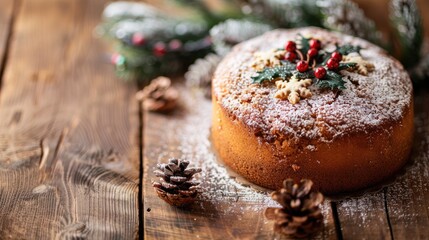 Fototapeta premium Close up of traditional Christmas cake on wooden table with space for text