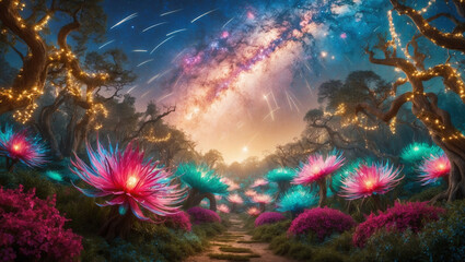 A cinematic photograph of an enchanted wonderland galaxy forest