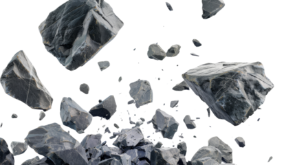 A few broken rocks flying in the air on transparent background