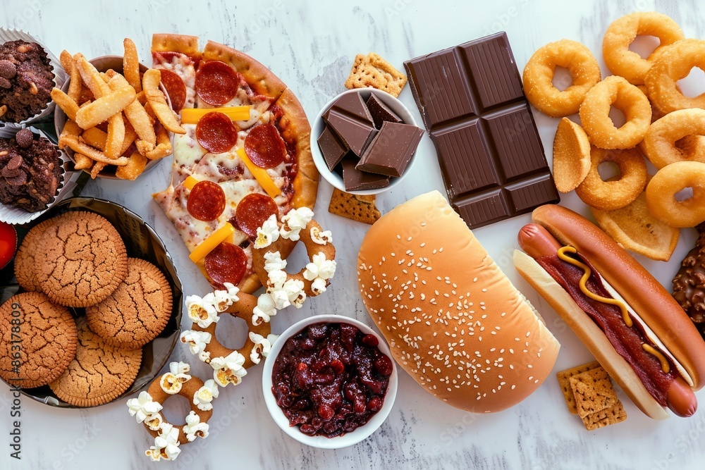 Wall mural a variety of unhealthy foods arranged on a white surface