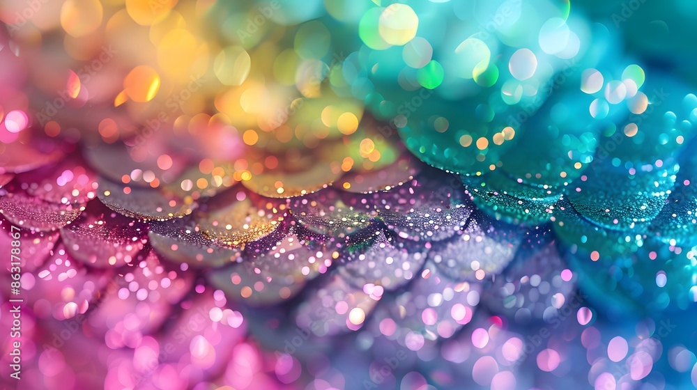 Poster a vibrant close-up of glittering rainbow scales, featuring a shimmering bokeh effect that enhances t
