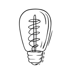 Edison light bulb in retro style, drawn linearly. Vector image isolated on white background. Glass incandescent light bulbs.