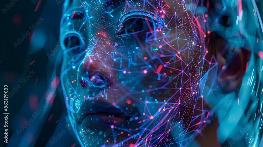 Poster an abstract face with a complex network of red and blue digital connections, representing futuristic