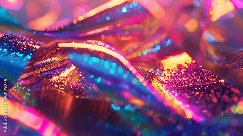Poster a colorful holographic ribbon with glittering highlights, creating a vibrant and festive atmosphere 