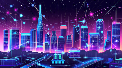 A futuristic cityscape with skyscrapers and neon lights, connected by glowing data streams forming intricate networks.
