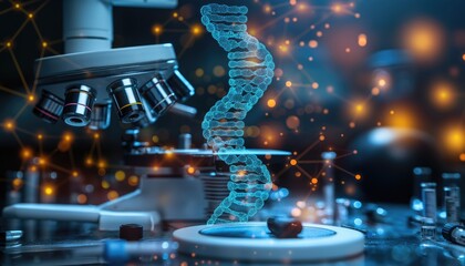 Futuristic DNA Research in High Tech Laboratory with Microscope and Digital Connections.