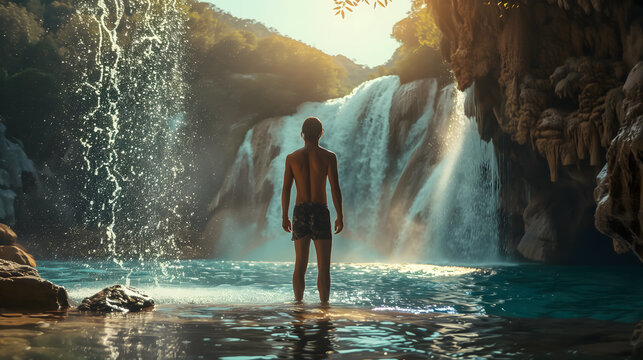 A guy in a swimming shorts stanging under waterfall