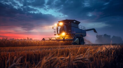 Obraz premium Combine harvester machine working in wheat field farm land at night.