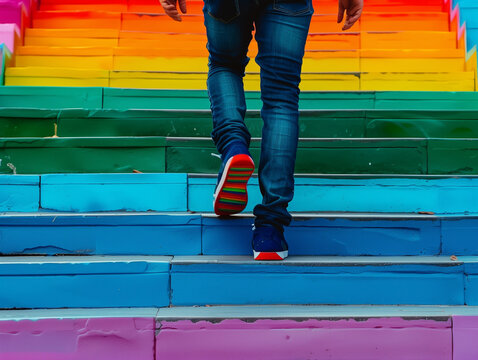 men  walking on pride rainbow coloured stairs for lgbt rights awarness