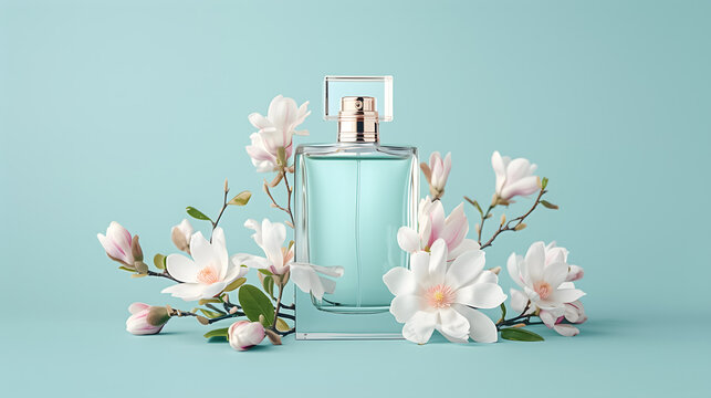 Mockup of a blue perfume bottle surrounded by white delicate flowers