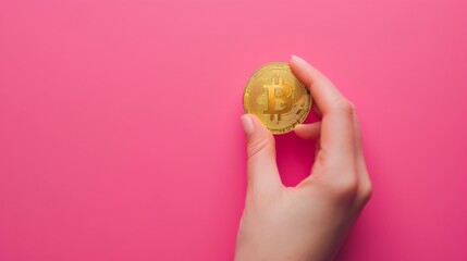 A female hand elegantly holds a golden Bitcoin against a bright pink background