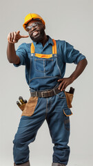 Smiling African American Repairman in Yellow Hard Hat Points at Something