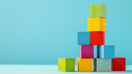 Vibrant tower constructed from colorful wooden blocks stands tall against a light blue background