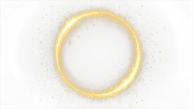 Golden circular frame with sparkles and flares, featuring abstract luminous particles and a yellow stardust light effect on a dark background. Christmas glares and sparks create a luxurious backdrop