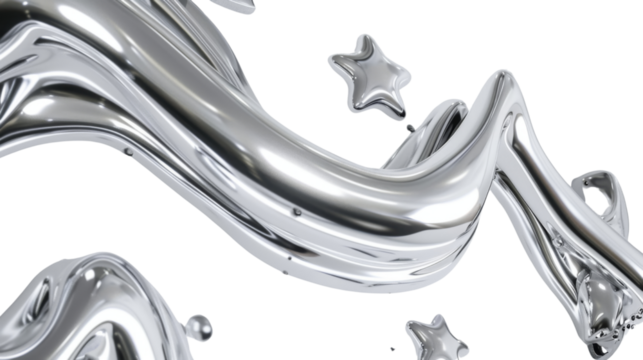  3d chrome metal organic fluid shapes and stars on transparent background