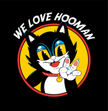 Black Cat Cartoon With Hand of Peace