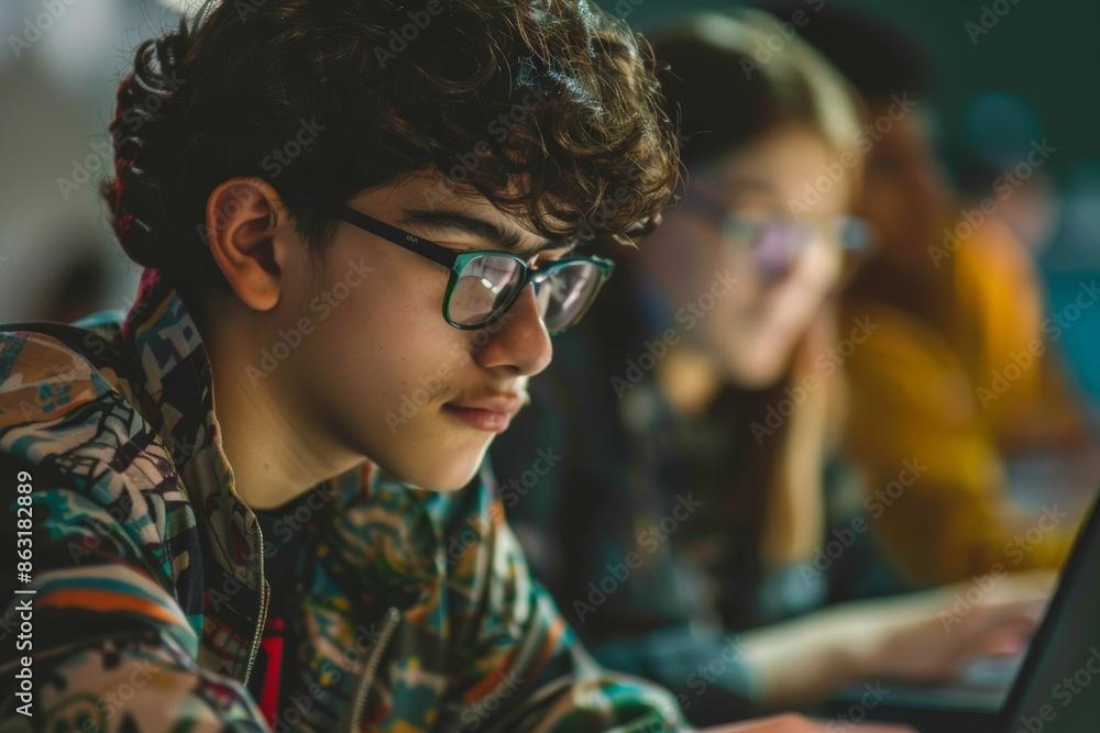 Poster young man with autism focused on coding workshop collaboration with peers
