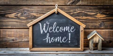 Rustic wooden backdrop displays a charming house-shaped chalkboard sign with bold handwritten message in white chalk reading welcome home in elegant script.