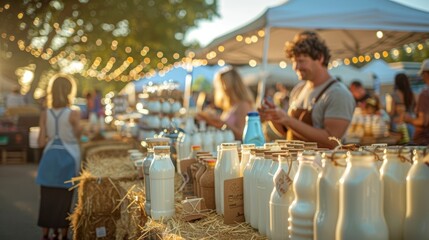National Milk Day celebration at a local farmers' market, stalls filled with milk products, happy families tasting and buying, rustic decor with hay bales and milk jugs