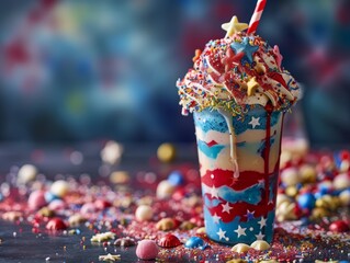 Patriotic milkshake with layers of red, white, and blue, topped with a USA flag. Decorated holiday table for Independence Day, vibrant 4th of July background, perfect for celebrations