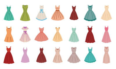 Collection of casual women's dress in flat style. Hand drawn vector art. 