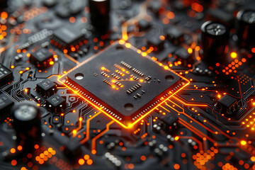 Microchip close-up with beautiful light. Puce électronique, processeur en gros plan avec une belle lumière.