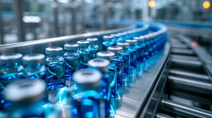 Obraz premium Rows of blue-filled vials in a sterile pharmaceutical plant, conveyor belt transporting them for packaging, advanced manufacturing technology, cleanroom environment