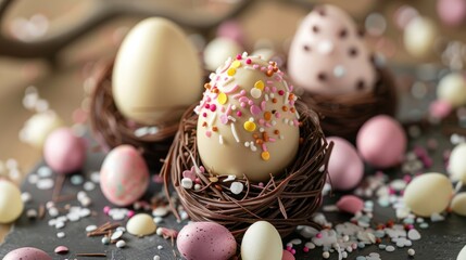 Obraz premium Easter eggs made of milk chocolate and white chocolate with confetti decorations on a nest