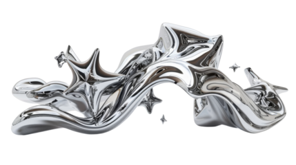  3d chrome metal organic fluid shapes and stars on transparent background