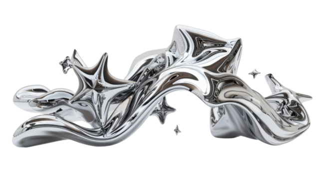  3d chrome metal organic fluid shapes and stars on transparent background