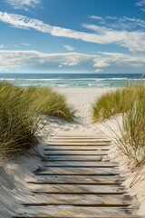 Walkway at sandy beach leading tropical sea with grass
