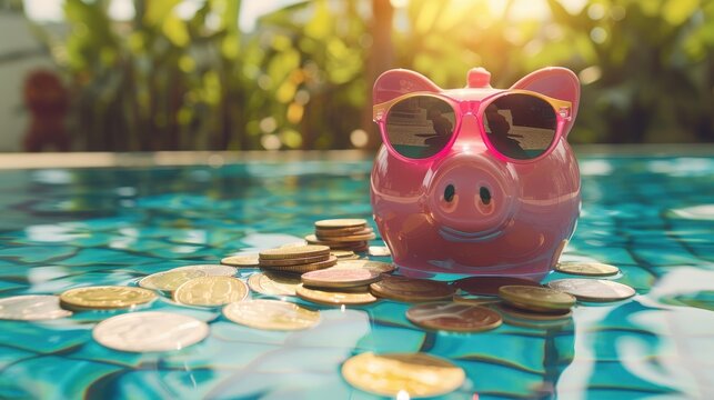 Pink piggy bank with sunglasses, sitting on a bed of coins floating in a pool